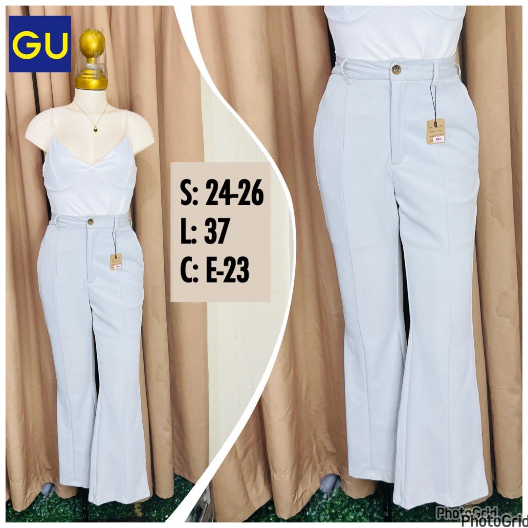GU Light Blue Flare Pants (Category: Other Bottoms) located in Manila. Submitted by bengirlclothing (Listing ID 1461577945, Image 1). Description: - Size: 24-26 inches - Length: 37 inches - Light blue flare pants from GU - High-waisted design - Button and zip closure - Subtle front seam detail on each leg - Flared hem - Perfect for casual or dressed-up looks.