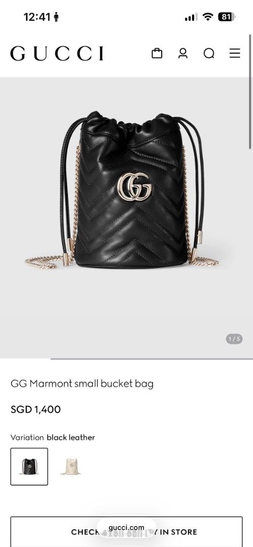 GUCCI -GG SMALL MARMONT BUCKET BAG (Category: Luxury Bags & Wallets) located in Makati City. Submitted by jadulanju71818 (Listing ID 1461645639, Image 1). Description: Black GG Logo mini brass hardware.