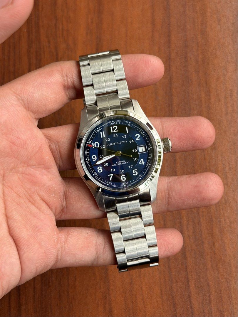 Hamilton Khaki Field “Blue” Automatic (Category: Men's Watches) located in Quezon City. Submitted by lucas_luxuries (Listing ID 1461576843, Image 2). Description: For sale/trade Hamilton Khaki Field “Blue” Automatic ₱38,500 only • Reference: H70455140 • Condition: 9.9/10 (can pass as new) • Inclusions: Outer/Inner box, manual, warranty card, and official receipt • Swiss automatic movement with Calibre H-10 • Power reserve up to 80 hours • Hacking