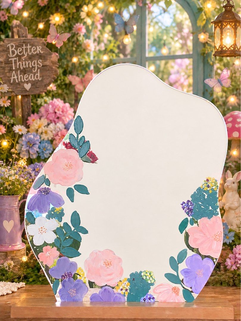 Hand-Painted Floral Irregular Shaped Mirror (Category: Mirrors) located in Cebu City. Submitted by dreyabbydeclutters (Listing ID 1461692282, Image 1). Description: - Unique wavy, irregular shaped mirror - Hand-painted colorful flowers and leaves around the edges - Whimsical and artistic design - Stands on a sturdy wooden base - Adds a decorative touch to any room - Ideal for vanities or entryways.