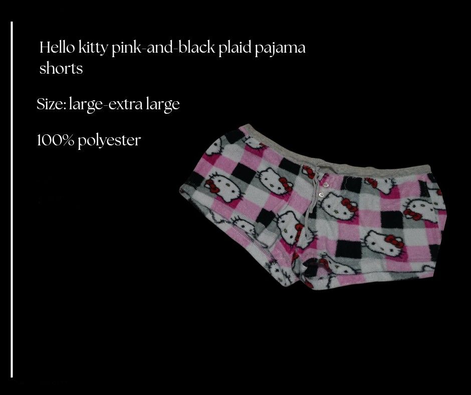 Hello Kitty Pink & Black Plaid Pajama Shorts (Category: Undergarments & Loungewear) located in Cauayan City . Submitted by meringuelover (Listing ID 1461599557, Image 1). Description: - Cute Kitty pajama shorts - Pink and black plaid pattern - Made of 100% polyester - Fits size Large to Extra Large - Perfect for lounging and comfort.