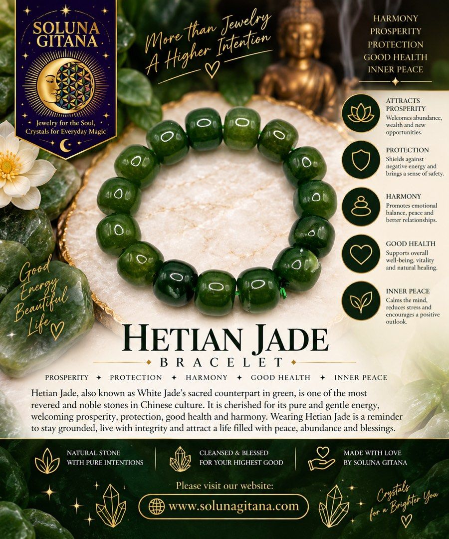Hetian Jade Bracelet (Category: Jewelry) located in Quezon City. Submitted by solunagitana (Listing ID 1461688046, Image 1). Description: ✨ HETIAN JADE BRACELET — Prosperity • Protection • Harmony • Inner Peace ✨ Embrace the timeless beauty of natural Hetian Jade 💚 A stone cherished for its gentle, grounding energy and symbolic connection to abundance, protection, good health, and emotional harmony. Wear it as a beautiful reminder to: 🌿 Welcome