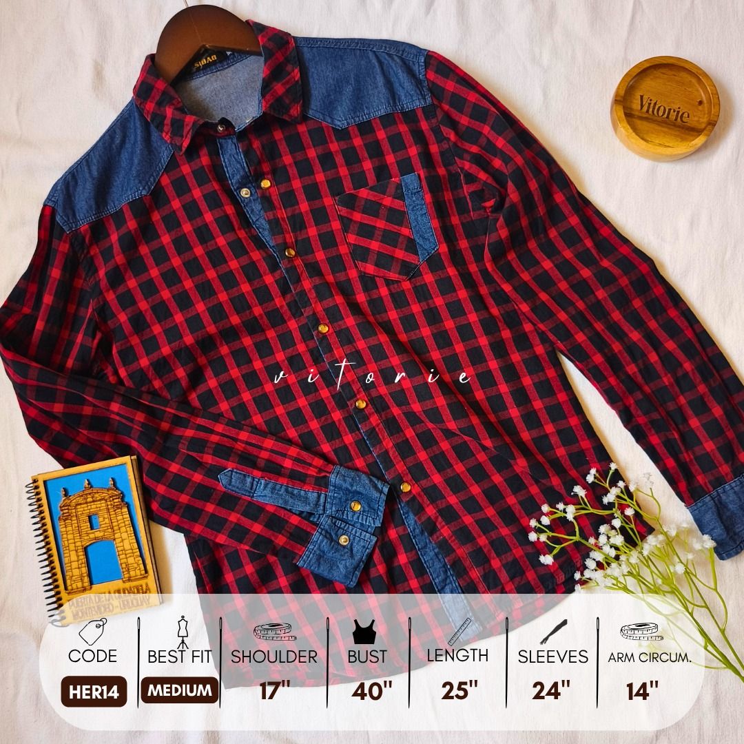 High-quality snap button checkered long sleeves (Category: Longsleeves) located in Cabuyao City. Submitted by vitorieclothing_lifestyle (Listing ID 1461717884, Image 1). Description: - Classic red and black plaid long-sleeved shirt. - Features denim detailing on collar, shoulders, and cuffs. - Size: Medium - Measurements: Shoulder 17", Bust 40", Length 25", Sleeves 24", Arm Circumference 14". - Trendy and versatile design. - Perfect for casual we