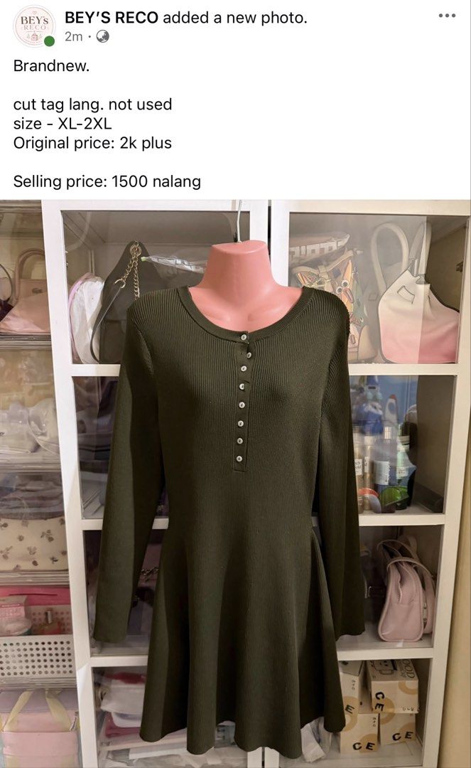 H&m dress (Category: Dresses) located in Makati City. Submitted by beymadrigal (Listing ID 1461730895, Image 2). Description: - Olive green ribbed dress - Long sleeves with button-up neckline - Flattering A-line cut - Estimated size XL-2XL - Original price: Over 2000 PHP - Selling price: 1500 PHP.