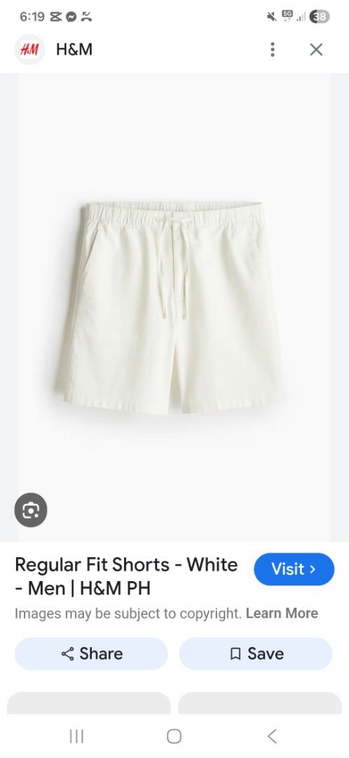H&M Regular Fit Shorts - White - Men's Size M (Category: Shorts) located in Guagua. Submitted by leonicnesa (Listing ID 1461703463, Image 1). Description: - Brand: H&M - Color: White - Fit: Regular - Style: Mid-length shorts - Features: Elastic waistband with drawstring, two side pockets - Size: Medium (M) - Measurements: Waist unstretched approx. 14 inches, Length approx. 18 inches - Ideal for: Casual wear.