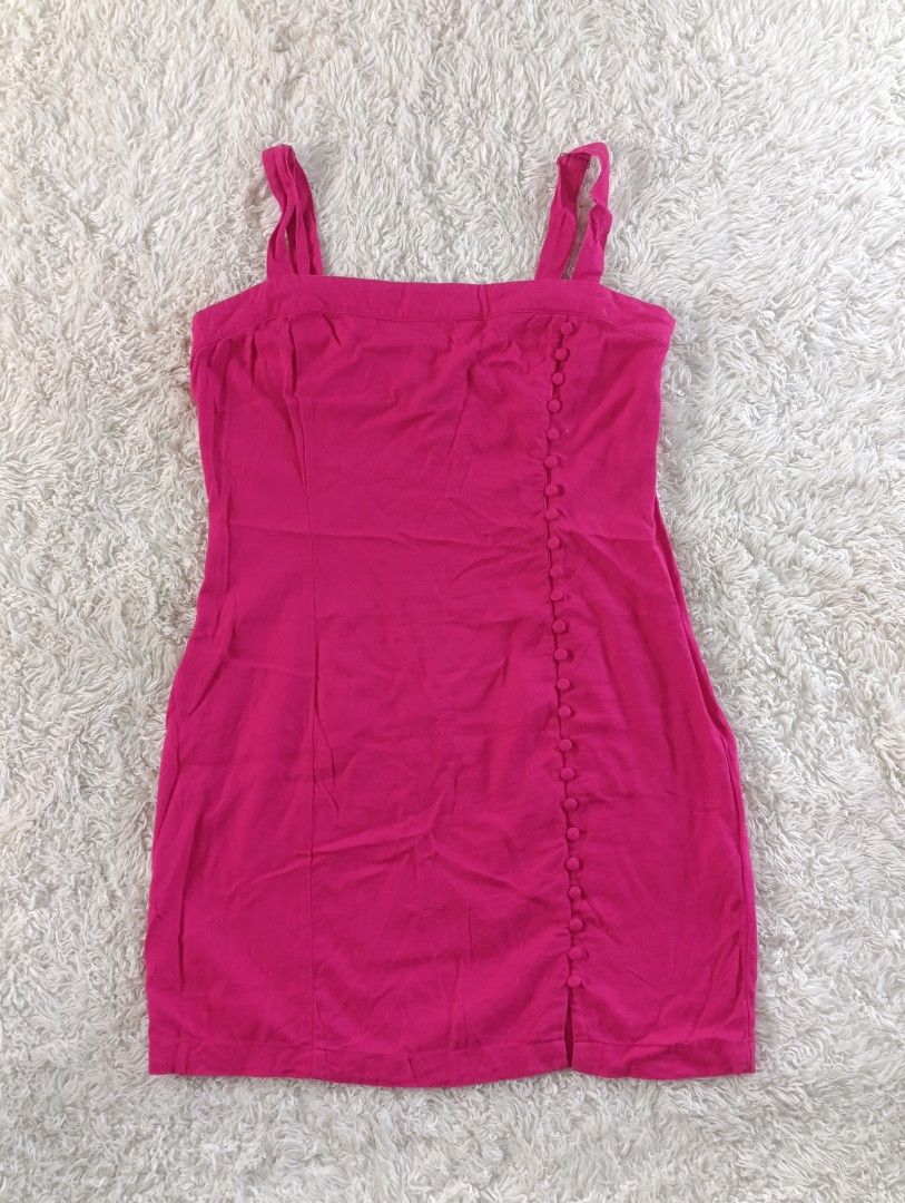 Hot Pink Square Neck Button Detail Mini Dress (Category: Dresses) located in Bocaue. Submitted by tacobellaaa (Listing ID 1461638526, Image 1). Description: - Cute hot pink mini dress - Square neckline with adjustable straps - Row of buttons down the side - Small slit at the hem - Versatile for night out or casual wear -Zipper on the side.