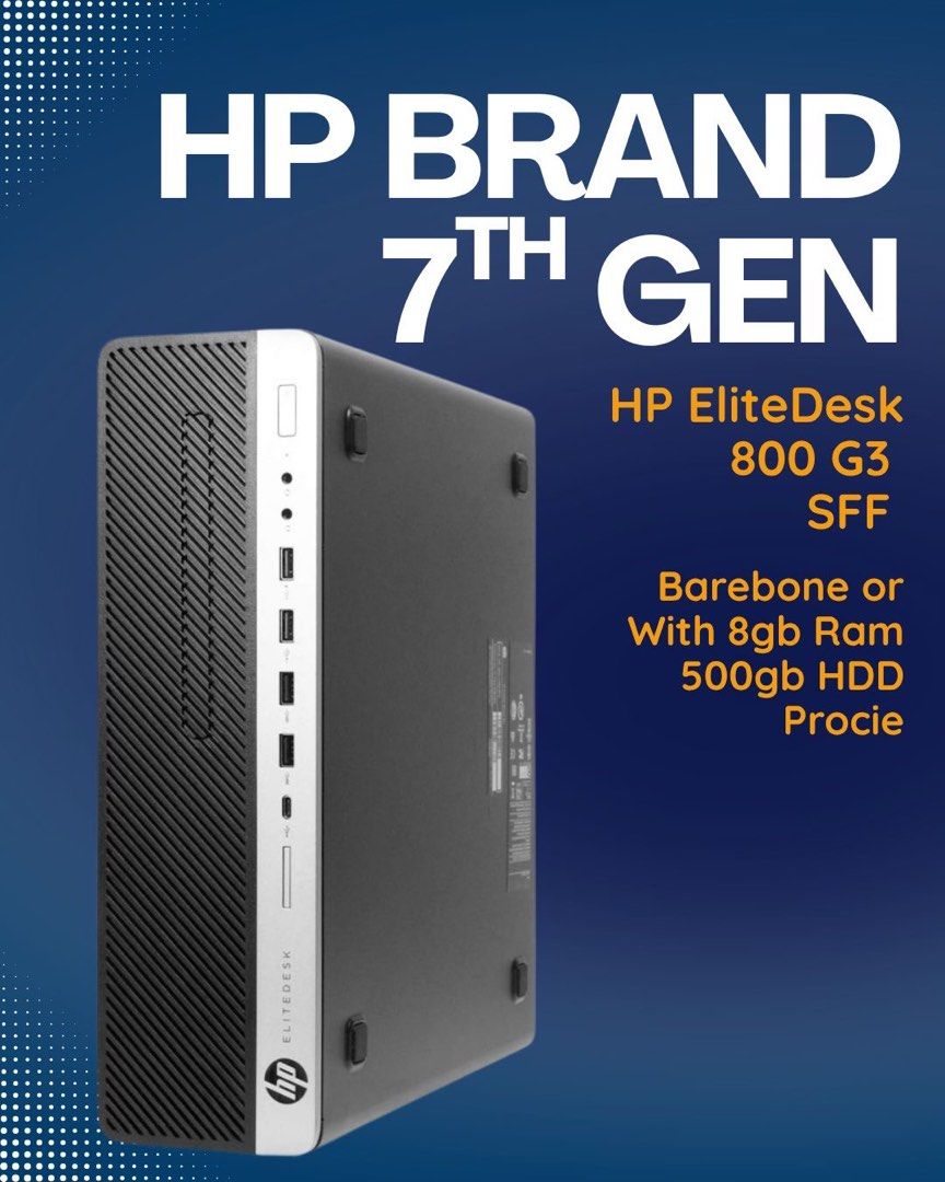HP EliteDesk 7th Gen (Category: Computer Parts) located in Manila. Submitted by cmsormtrading (Listing ID 1461603450, Image 1). Description: HP EliteDesk 800 G3 SFF BAREBONE - 1000 With Ram, HDD, Procie - 4,500 SECOND HAND ONLY More Units Available! Dm for more Details .