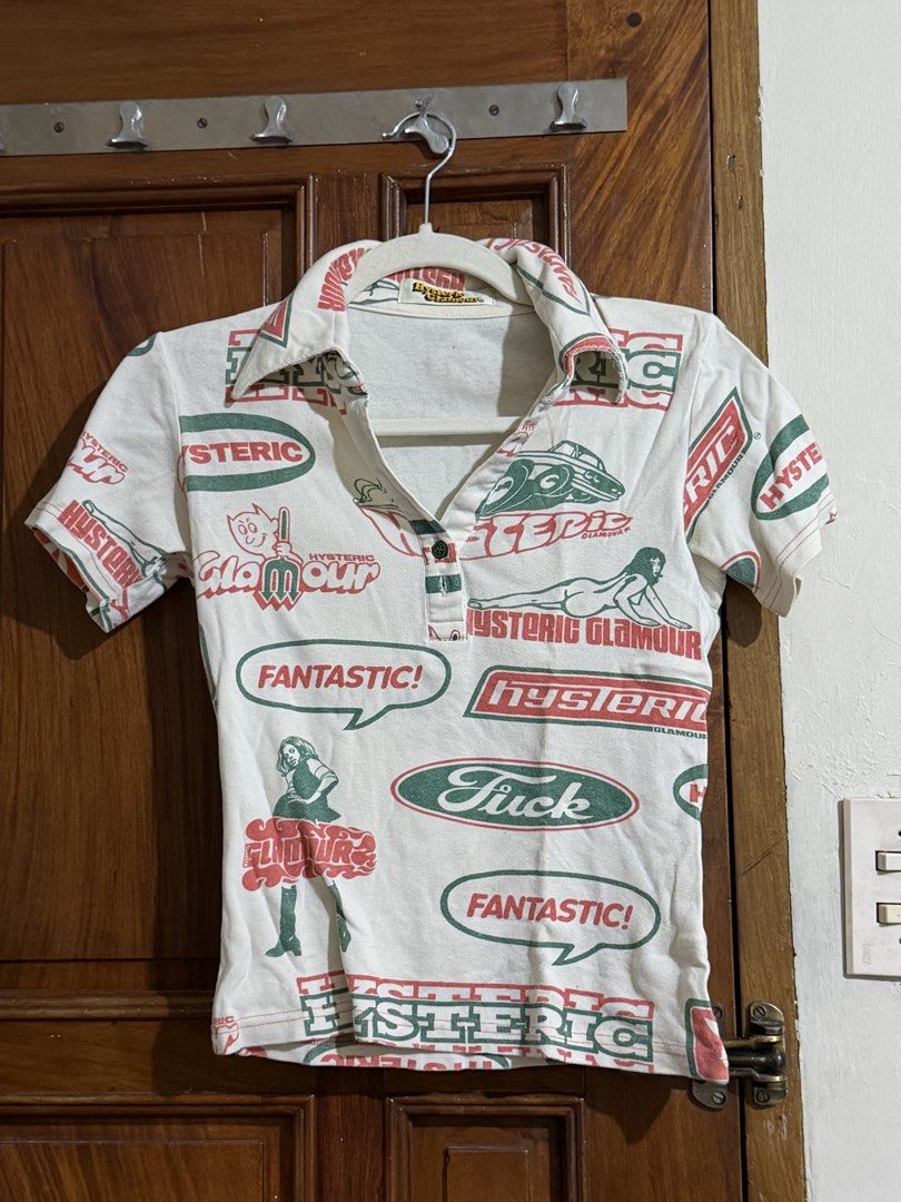 Hysteric Glamour collared crop top (Category: Shirts) located in Quezon City. Submitted by latiendadejaye (Listing ID 1461686547, Image 1). Description: Rare, purchased in Japan. More of a collectible item than a top you’d wear casually. High stretch, cropped so best fits M. In good condition, worn only once. MOP: BPI, Gcash, Maya RFS: cleaning out my closet .