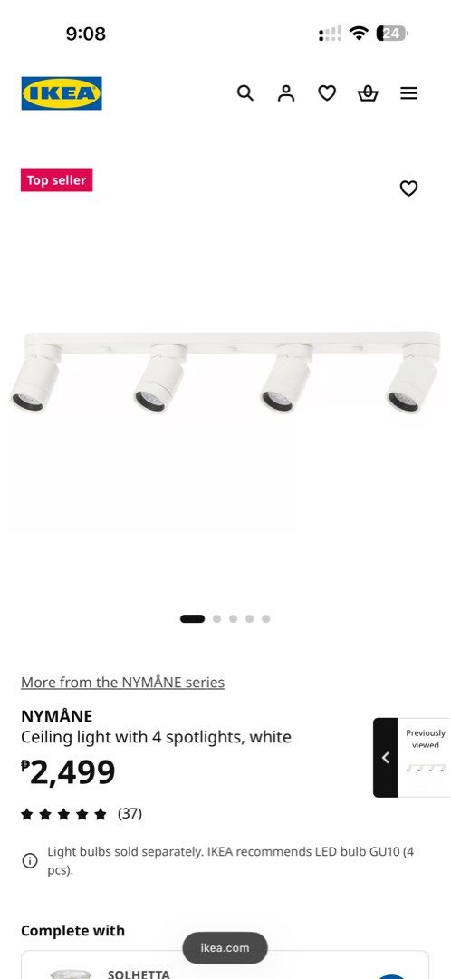 IKEA NYMÅNE Ceiling Light with 4 Spotlights, White (Category: Lighting) located in Manila. Submitted by alexcassan66173 (Listing ID 1461620916, Image 3). Description: - White ceiling track light - Features 4 adjustable spotlights - Ideal for accent lighting - Simple and easy installation - Light bulbs sold separately - GU10 LED bulbs recommended (e.g., from IKEA).