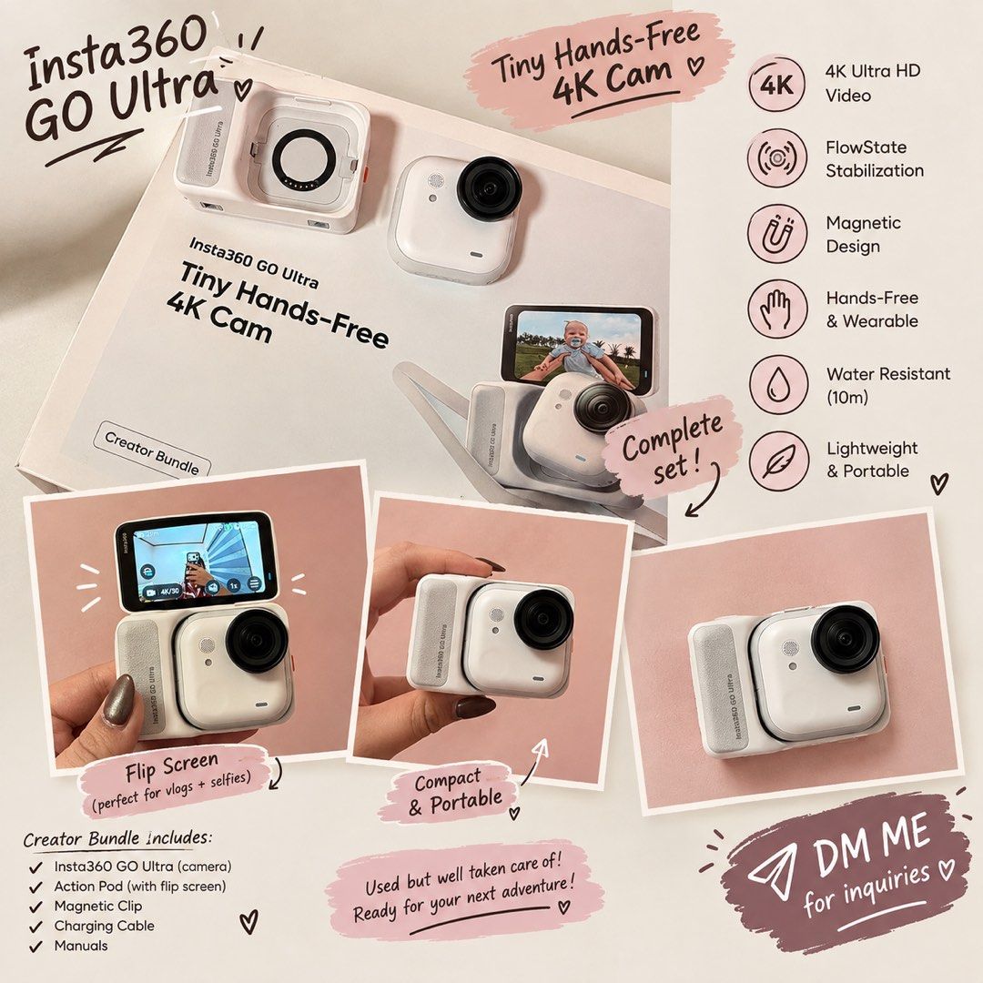 Insta360 GO Ultra Creator Bundle Tiny Hands-Free 4K Cam (Category: Video Cameras) located in San Nicolas. Submitted by pttrcc (Listing ID 1461743391, Image 1). Description: - Insta360 GO Ultra Creator Bundle: Tiny, hands-free 4K camera. - Perfect for vlogs and selfies with its convenient flip screen. - Super compact and portable, take it anywhere! - Water resistant up to 10 meters for worry-free adventures. - Includes: Insta360 GO camera, action 