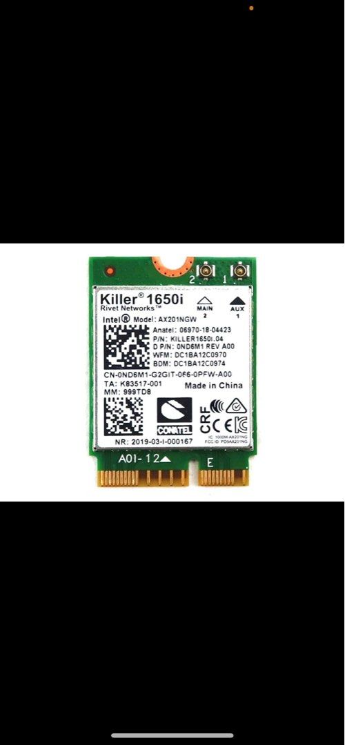 Intel Killer Wi-Fi 6 AX1650i (Category: Networking) located in Tacloban City. Submitted by renki-forshop (Listing ID 1461745389, Image 1). Description: It is 100% working after the motherboard defects. What’s best use for: This network card is a good fit for compatible Intel-based laptops that support the CNVio2 interface and need a Wi‑Fi 6 upgrade with gaming-focused networking features. .