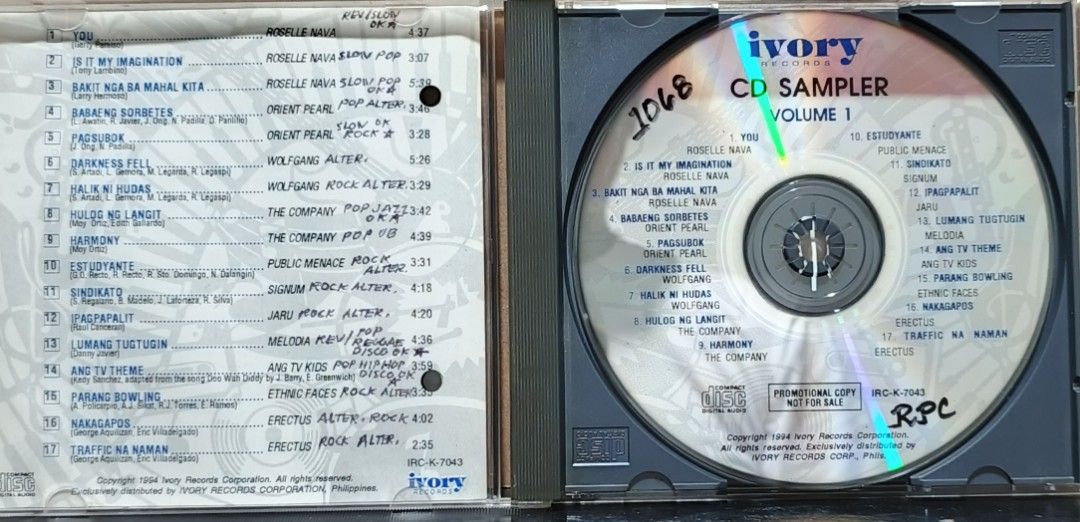 Ivory Records CD Sampler Volume 1 Promotional Copy (Category: CDs & DVDs) located in Manila. Submitted by ruelcabrer77078 (Listing ID 1461771253, Image 2). Description: - Ivory Records CD Sampler Volume 1 - Promotional Copy (Not for Sale) - Features OPM artists: Roselle Nava, Orient Pearl, Wolfgang, and more - Total of 17 tracks - Copyright 1994 - Ideal for collectors of Original Pilipino Music (OPM).