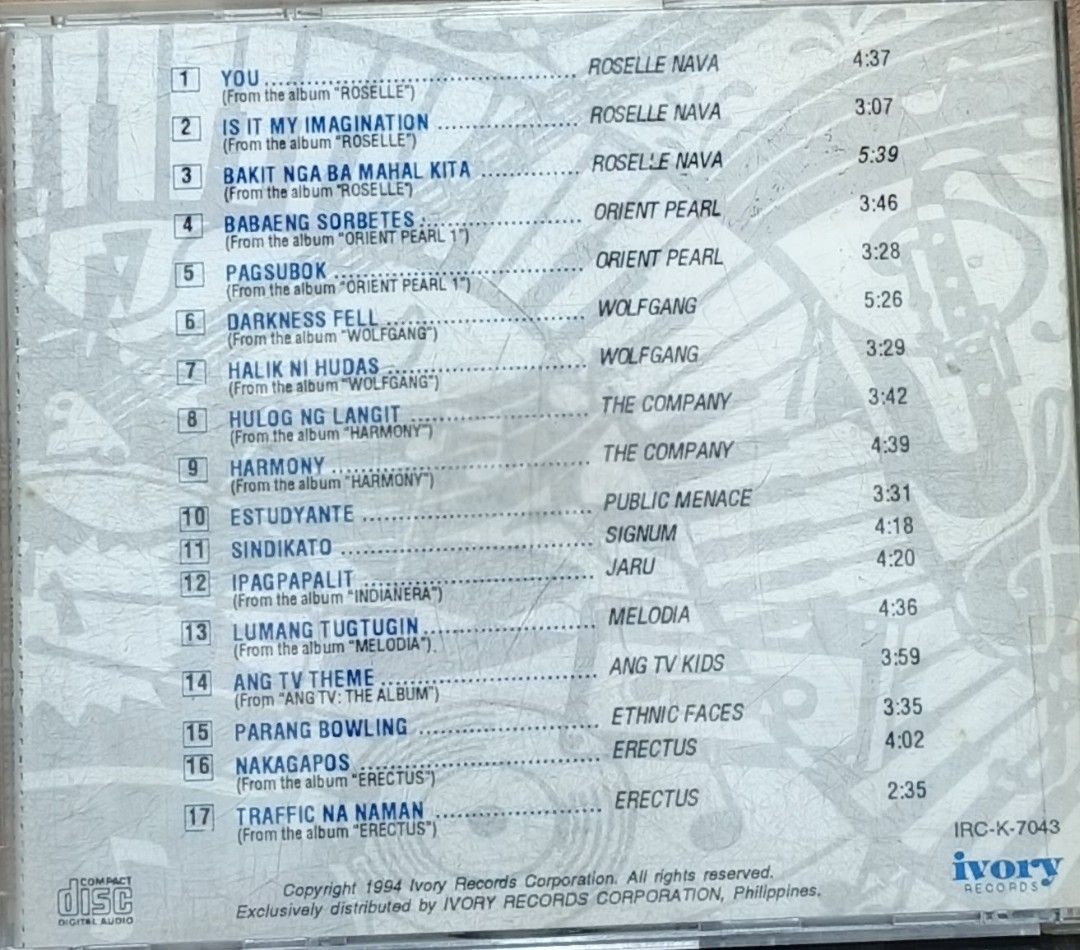 Ivory Records CD Sampler Volume 1 Promotional Copy (Category: CDs & DVDs) located in Manila. Submitted by ruelcabrer77078 (Listing ID 1461771253, Image 3). Description: - Ivory Records CD Sampler Volume 1 - Promotional Copy (Not for Sale) - Features OPM artists: Roselle Nava, Orient Pearl, Wolfgang, and more - Total of 17 tracks - Copyright 1994 - Ideal for collectors of Original Pilipino Music (OPM).