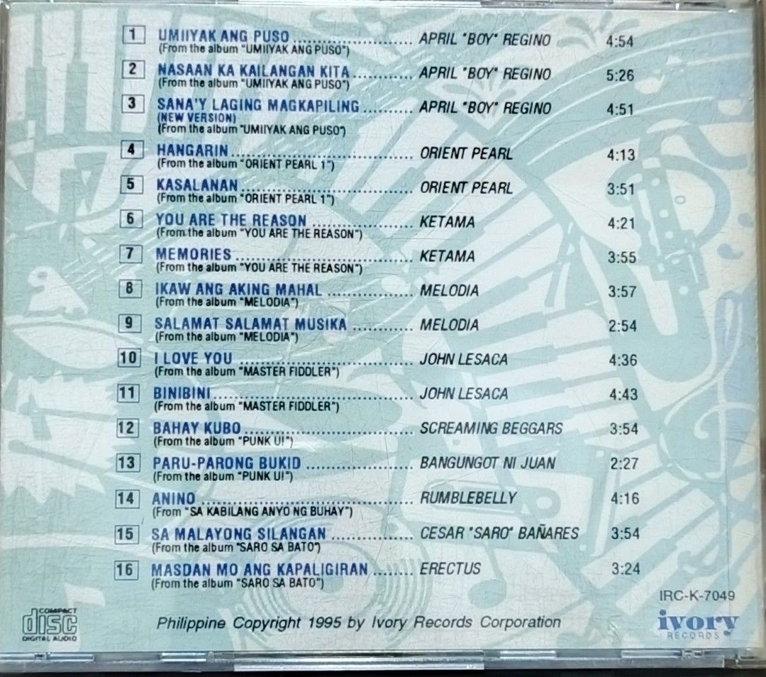 Ivory Records CD Sampler Volume 2 Promotional Copy (Category: CDs & DVDs) located in Manila. Submitted by ruelcabrer77078 (Listing ID 1461771373, Image 3). Description: Ivory Records CD Sampler Volume 2. This is a promotional copy, not for sale. Features 16 tracks from various artists like April 'Boy' Regino, Orient Pearl, Ketama, Melodia, and more. Released in 1995. Includes liner notes with song details and artist information. A great compilati
