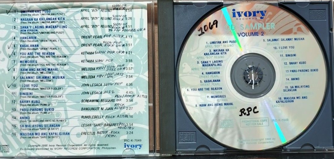 Ivory Records CD Sampler Volume 2 Promotional Copy (Category: CDs & DVDs) located in Manila. Submitted by ruelcabrer77078 (Listing ID 1461771373, Image 2). Description: Ivory Records CD Sampler Volume 2. This is a promotional copy, not for sale. Features 16 tracks from various artists like April 'Boy' Regino, Orient Pearl, Ketama, Melodia, and more. Released in 1995. Includes liner notes with song details and artist information. A great compilati