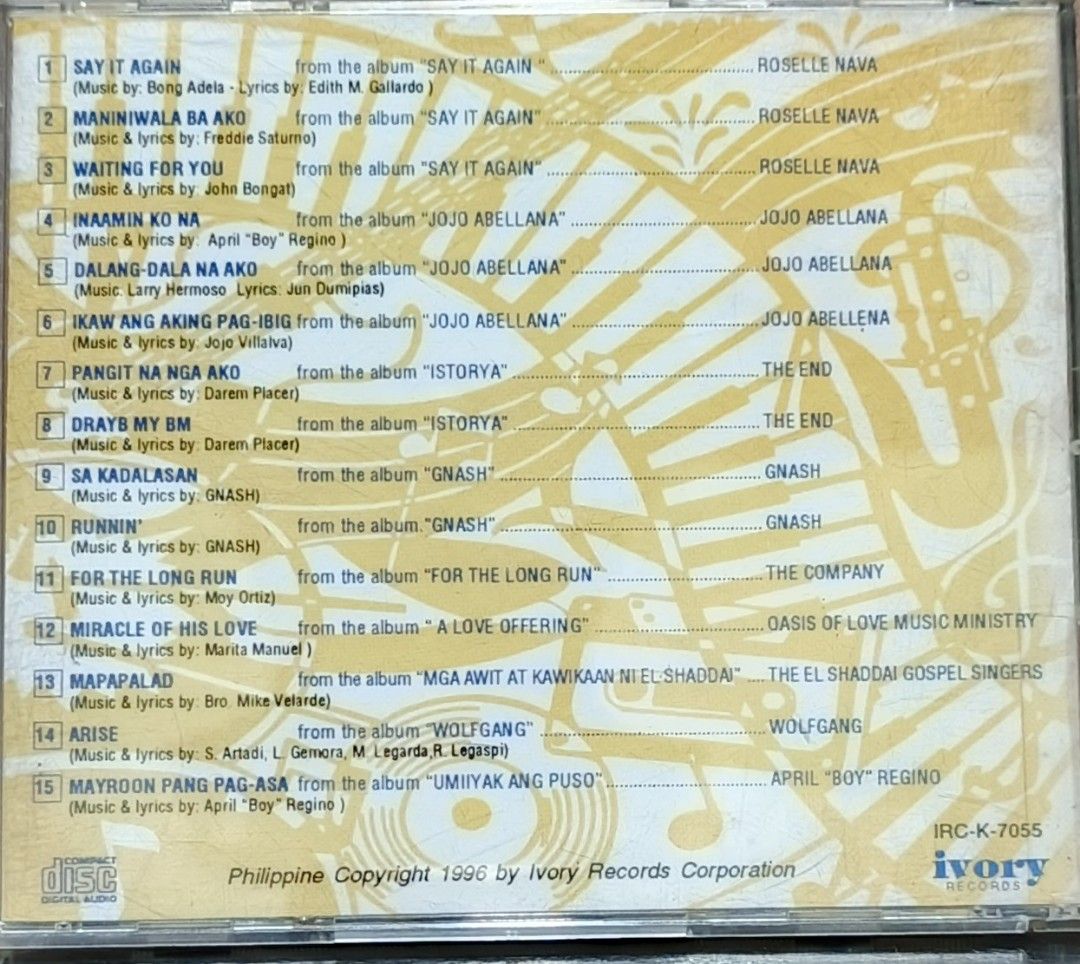 Ivory Records CD Sampler Volume 4 Promotional Copy (Category: CDs & DVDs) located in Manila. Submitted by ruelcabrer77078 (Listing ID 1461771555, Image 3). Description: - Ivory Records CD Sampler Volume 4 - Promotional Copy - Not For Sale - Features artists: Roselle Nava, Jojo Abellana, The Company, and more - Includes tracks from albums: 'Say It Again', 'Jojo Abellana', 'Gnash' - Excellent compilation for collectors.