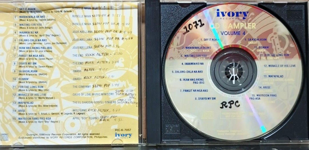 Ivory Records CD Sampler Volume 4 Promotional Copy (Category: CDs & DVDs) located in Manila. Submitted by ruelcabrer77078 (Listing ID 1461771555, Image 2). Description: - Ivory Records CD Sampler Volume 4 - Promotional Copy - Not For Sale - Features artists: Roselle Nava, Jojo Abellana, The Company, and more - Includes tracks from albums: 'Say It Again', 'Jojo Abellana', 'Gnash' - Excellent compilation for collectors.