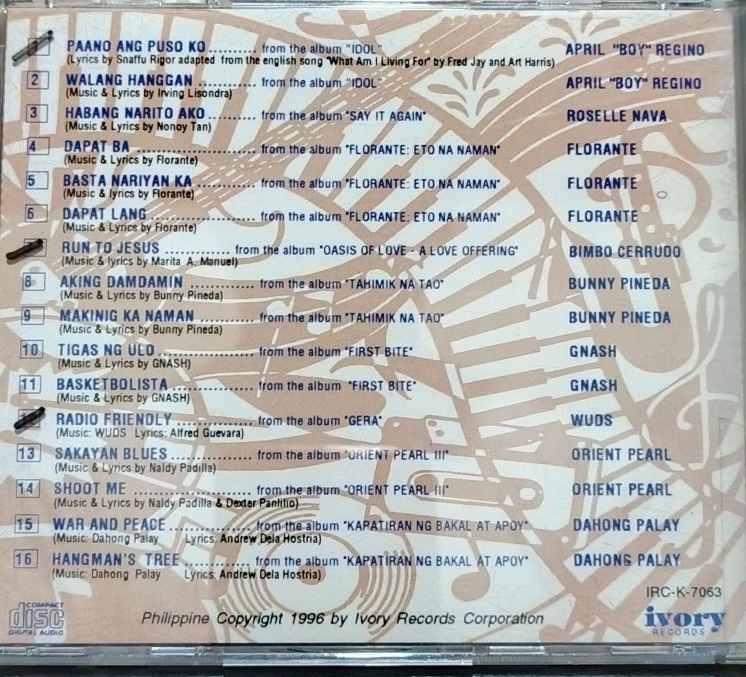 Ivory Records CD Sampler Volume 6 Music Compilation (Category: CDs & DVDs) located in Manila. Submitted by ruelcabrer77078 (Listing ID 1461771638, Image 3). Description: - Ivory Records CD Sampler Volume 6 (Copyright 1996) - Features popular artists like April 'Boy' Regino, Roselle Nava, and Florante - Includes tracks from albums such as 'Idol', 'First Bite', and 'Orient Pearl III' - This is a promotional copy, not intended for sale - Please note