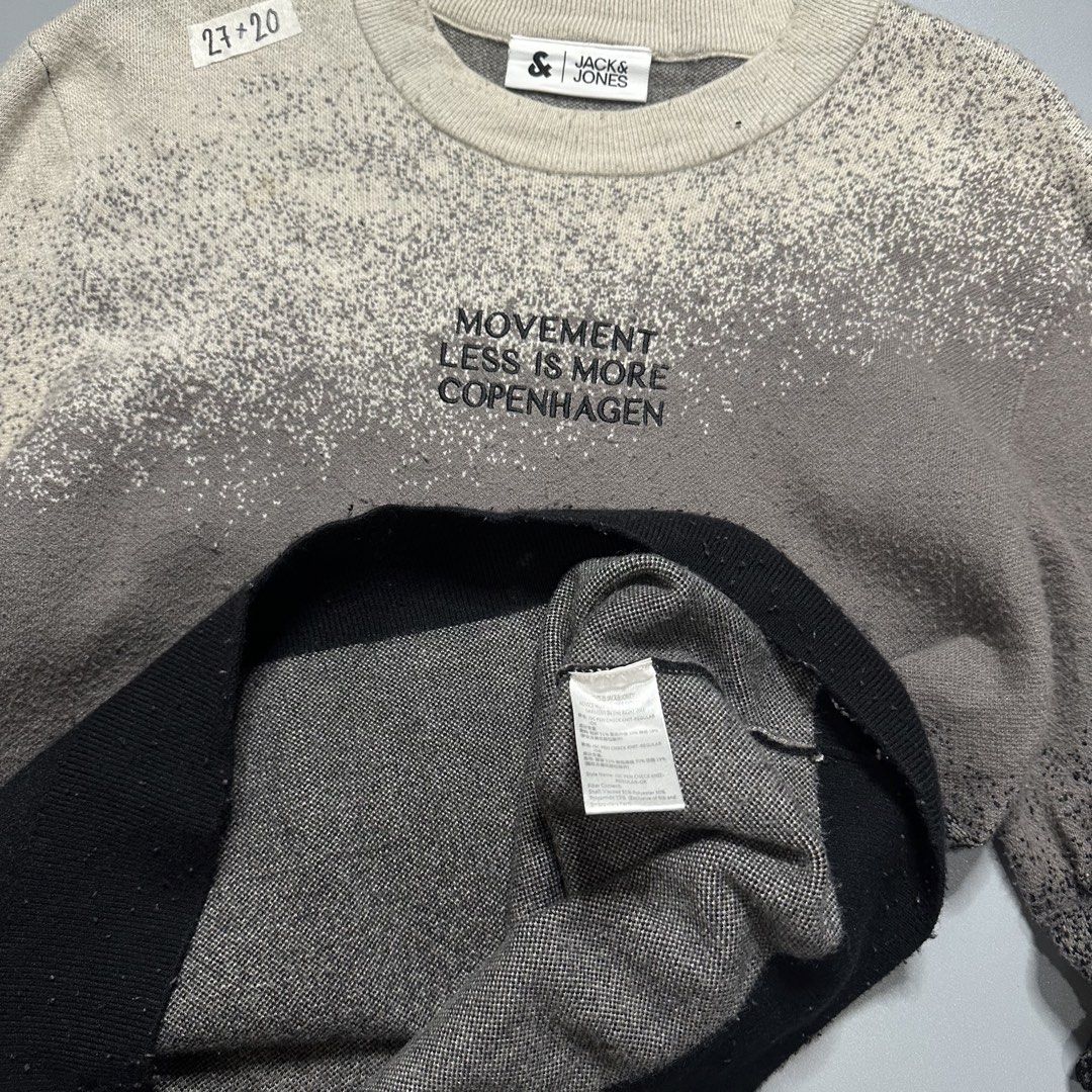 Jack & Jones Crewneck Sweater (Category: Coats, Jackets and Outerwear) located in Baguio. Submitted by subaitems (Listing ID 1461643288, Image 3). Description: - Eye-catching gradient spray paint effect - "MOVEMENT LESS IS MORE COPENHAGEN" graphic on the front - Classic crewneck style - Estimated size M (check tag) - Ideal for everyday casual outfits.