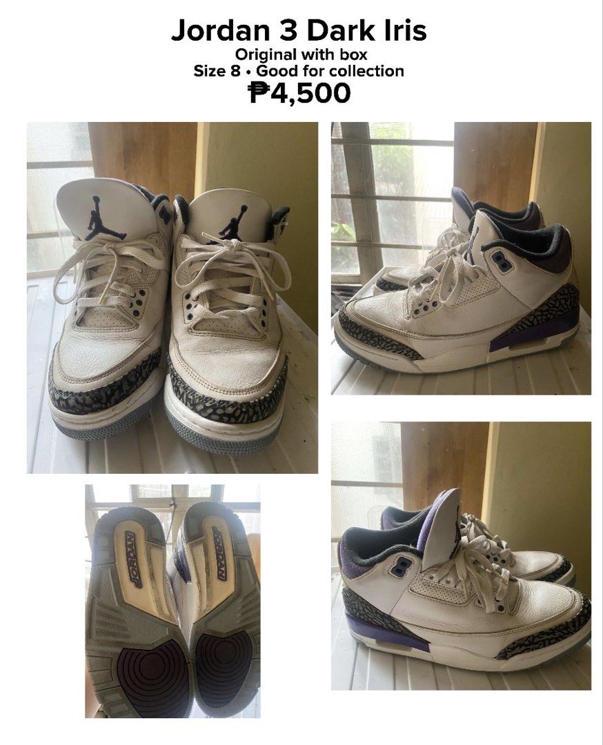 Jordan 3 Dark Iris Original with Box Size 8 (Category: Sneakers) located in Manila. Submitted by gooddealsmanila (Listing ID 1461672605, Image 1). Description: - Authentic Jordan 3 Dark Iris - Size: US 8 - Includes original box - Ideal for sneaker collectors - Price: P4,500.