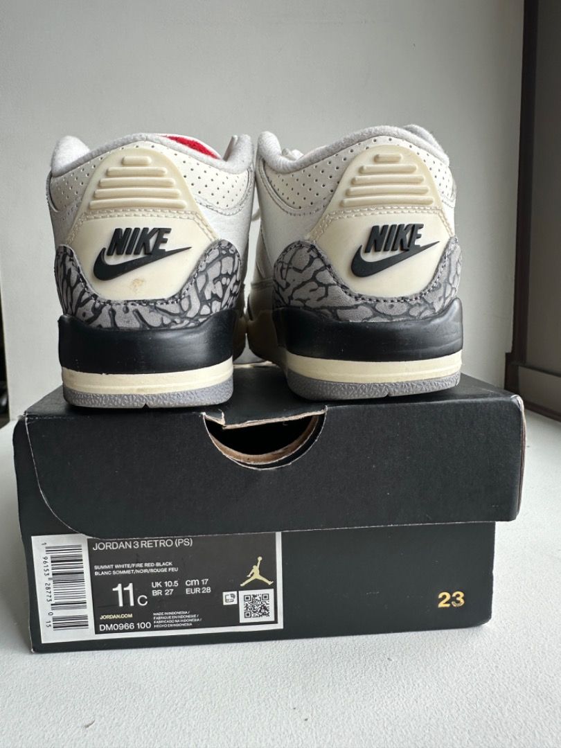 Jordan 3 Retro PS – Summit White / Fire Red / Black (Category: Babies & Kids Fashion) located in Manila. Submitted by seasonalshopper (Listing ID 1461575809, Image 3). Description: 👟 Jordan 3 Retro PS – Summit White / Fire Red / Black US Kids 11C | EU 28 | 17 cm • Rarely used / like new • Jordan 3 Retro for kids • Colourway: Summit White / Fire Red / Black • Style code: DM0966-100 • US Kids 11C / UK 10.5 / EU 28 • Approx. 17 cm • Please check ph