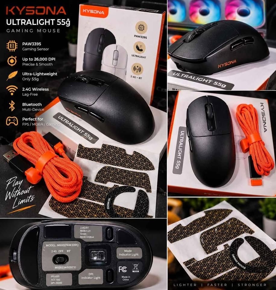 KYSONA Ultralight 55g Gaming Mouse - 2.4G Wireless & Bluetooth (Category: Mouse & Mousepads) located in Caloocan City. Submitted by coolgem_3f10a0 (Listing ID 1461752820, Image 1). Description: - Kysona Ultralight Gaming Mouse: Weighs only 55g! - High-Performance Sensor: PAW3395 with up to 26,000 DPI for ultimate precision. - Dual Connectivity: Lag-free 2.4G wireless for gaming or Bluetooth for easy multi-device switching. - Versatile: Ideal for 