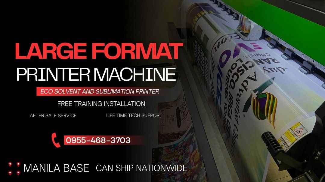 LARGE FORMAT PRINTER MACHINE 6FT FOR TARPAULIN AND SUBLI MACHINE (Category: Printers, Scanners & Copiers) located in Manila. Submitted by melvinflor41363 (Listing ID 1461610793, Image 1). Description: SUPPLIER HERE! WE ARE LEGIT SUPPLIER OF LARGE FORMAT PRINTER MACHINE Price Starts @ Php159,000 We are legit supplier of Brand New DX11, Dual Head DX11 & i3200 Tarpaulin Sublimation Printer Machine 6ft and 10ft, Brand New Laser Cutter and Brand New C