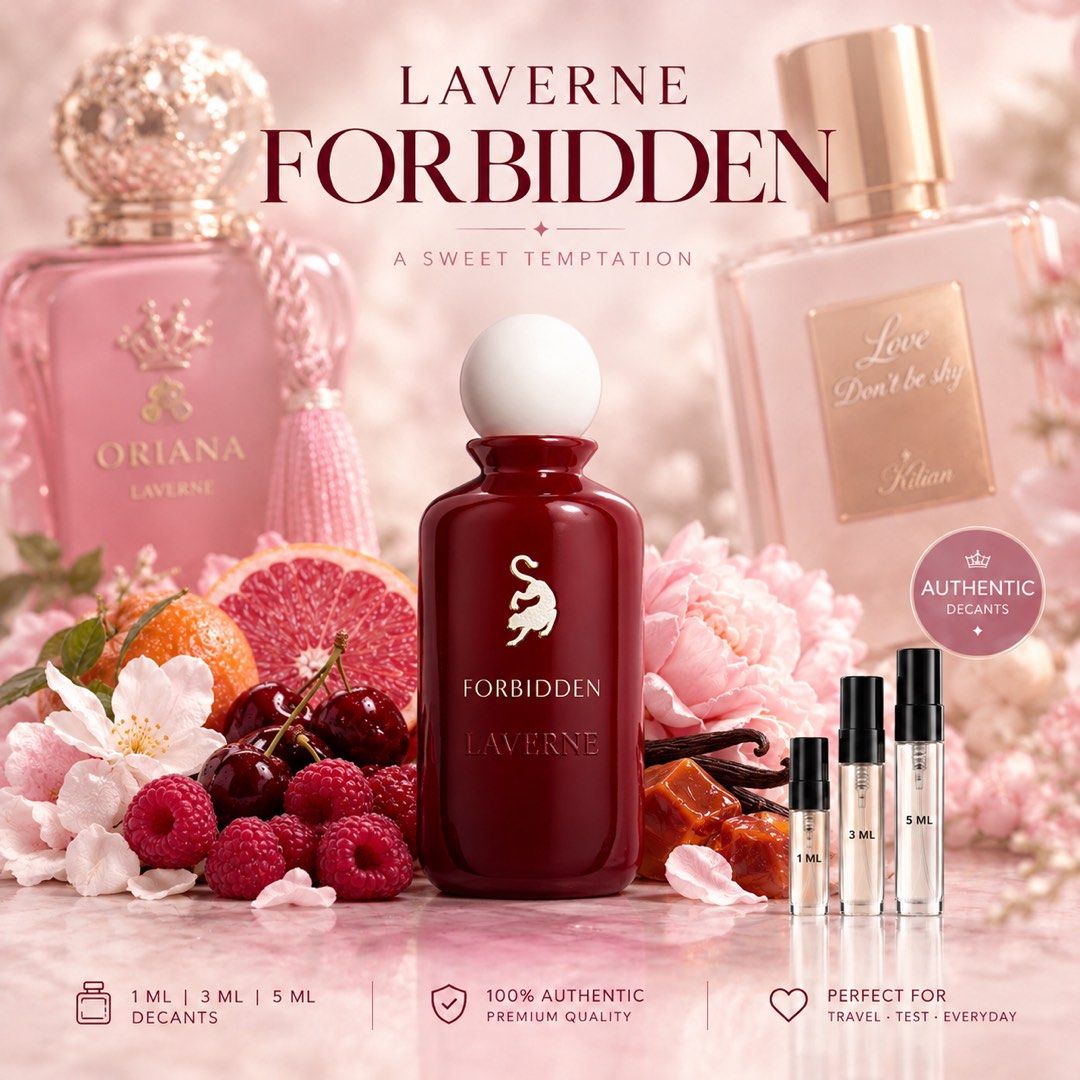 LAVERNE Forbidden DECANT ONLY (Category: Fragrance & Deodorants) located in Quezon City. Submitted by purpleporcupine (Listing ID 1461566290, Image 1). Description: LAVERNE FORBIDDEN ✨ Inspired by PDM Oriana & Love and Killian Love Don’t Be Shy. 💕 Smells like: fluffy, creamy sweetness with fruity-floral notes and a soft musky finish. Think sweet, girly, airy, and delicious—perfect if you love that sugary, pretty scent profile. DECANT ONLY DECANT