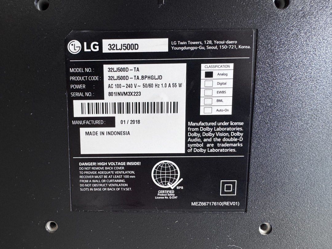 LG Analog TV - 32inches (Category: TV) located in Paranaque City. Submitted by happymommy2828 (Listing ID 1461608871, Image 2). Description: LG Analog TV - 32 inches -Used only as CCTV monitor -No internal and technical issues -Working original remote control and HTML cord -Like new! Location is Sucat, Parañaque .