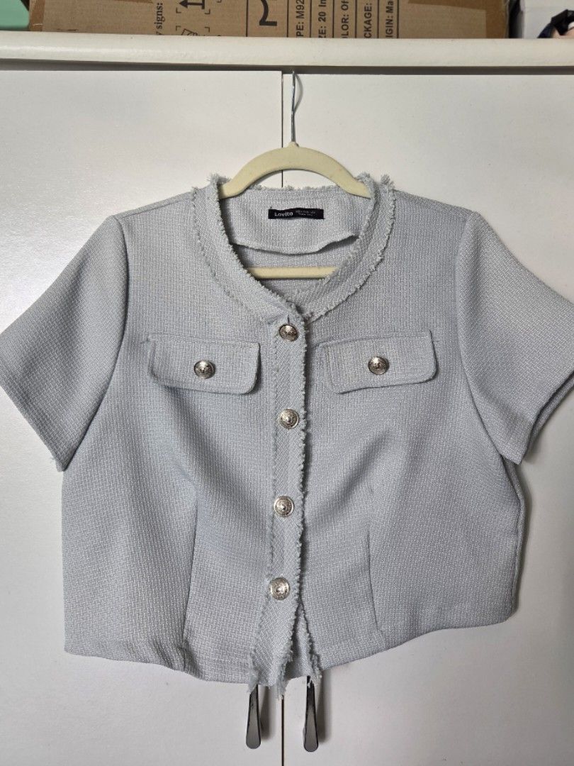 Light blue, cropped short-sleeve tweed top (Category: Blouses) located in Agdangan. Submitted by wearitnext.shop (Listing ID 1461654155, Image 1). Description: Original Price: 345.