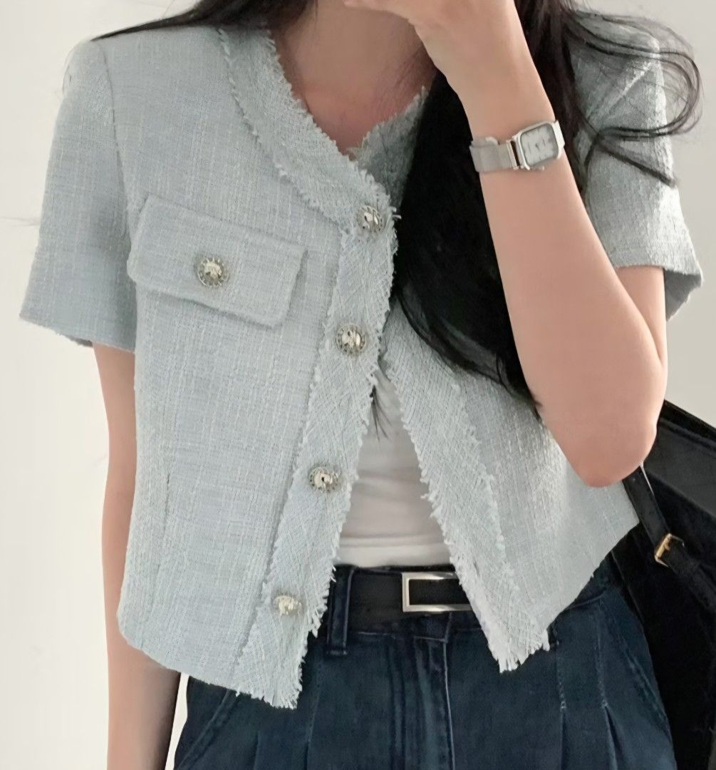 Light blue, cropped short-sleeve tweed top (Category: Blouses) located in Agdangan. Submitted by wearitnext.shop (Listing ID 1461654155, Image 2). Description: Original Price: 345.