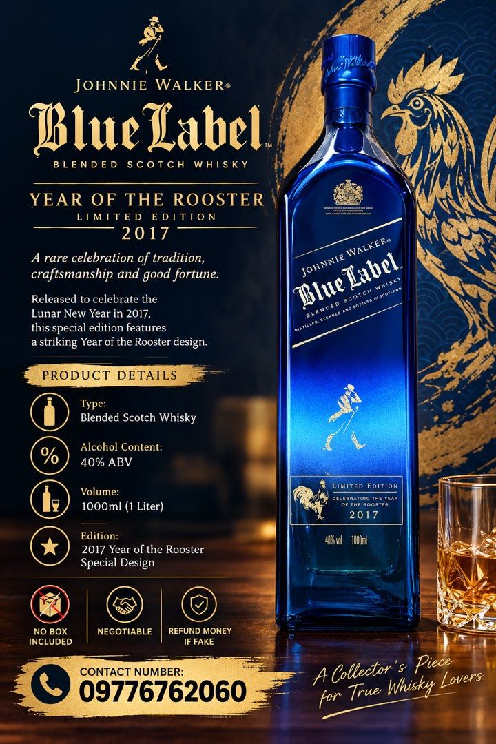 Limited Edition (Category: Beverages) located in Bulacan. Submitted by bottlecollector2027 (Listing ID 1461590156, Image 1). Description: Johnnie Walker Blue Label Limited Edition Celebrating the Year of the Rooster 2017. featuring a 1000ml volume 40% alcohol by volume (ABV) Product Details Brand: Johnnie Walker Type: Blended Scotch Whisky Edition: Year of the Rooster 2017 Lunar New Year Special Release Size: 1000ml (1 Liter) Alcohol Content: 40%