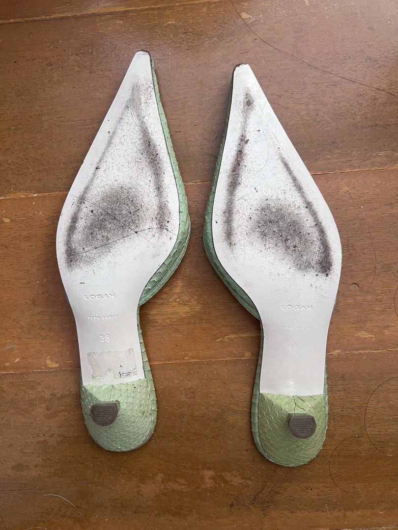Logan Green Kitten Heels Size 38 (Category: Heels) located in Manila. Submitted by okgreat (Listing ID 1461584342, Image 3). Description: - Brand: Logan - Color: Green - Material: Vera Pelle Leather - Design: textured leather, pointed toe, slip-on style - Size: 38 - Condition: Signs of wear on soles and insoles (please check photos for details) Gucci Prada Jos Mundo .