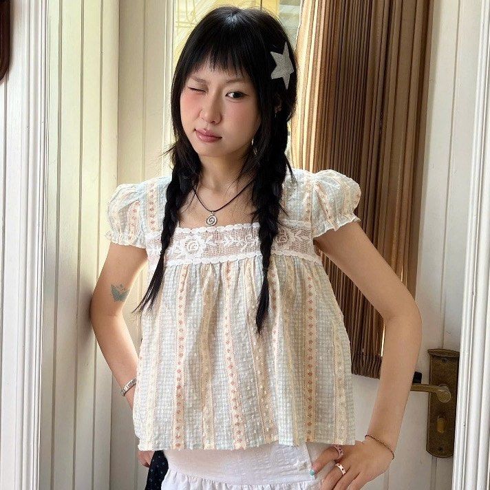 Lollie Studio - Square Neck Lace Blouse (Category: Blouses) located in Quezon City. Submitted by t0fuu (Listing ID 1461795539, Image 2). Description: VN Brand. Bought this for 1,500 Used once only Super cutee 🥲 rather keep than sell low RFS: Decluttering.