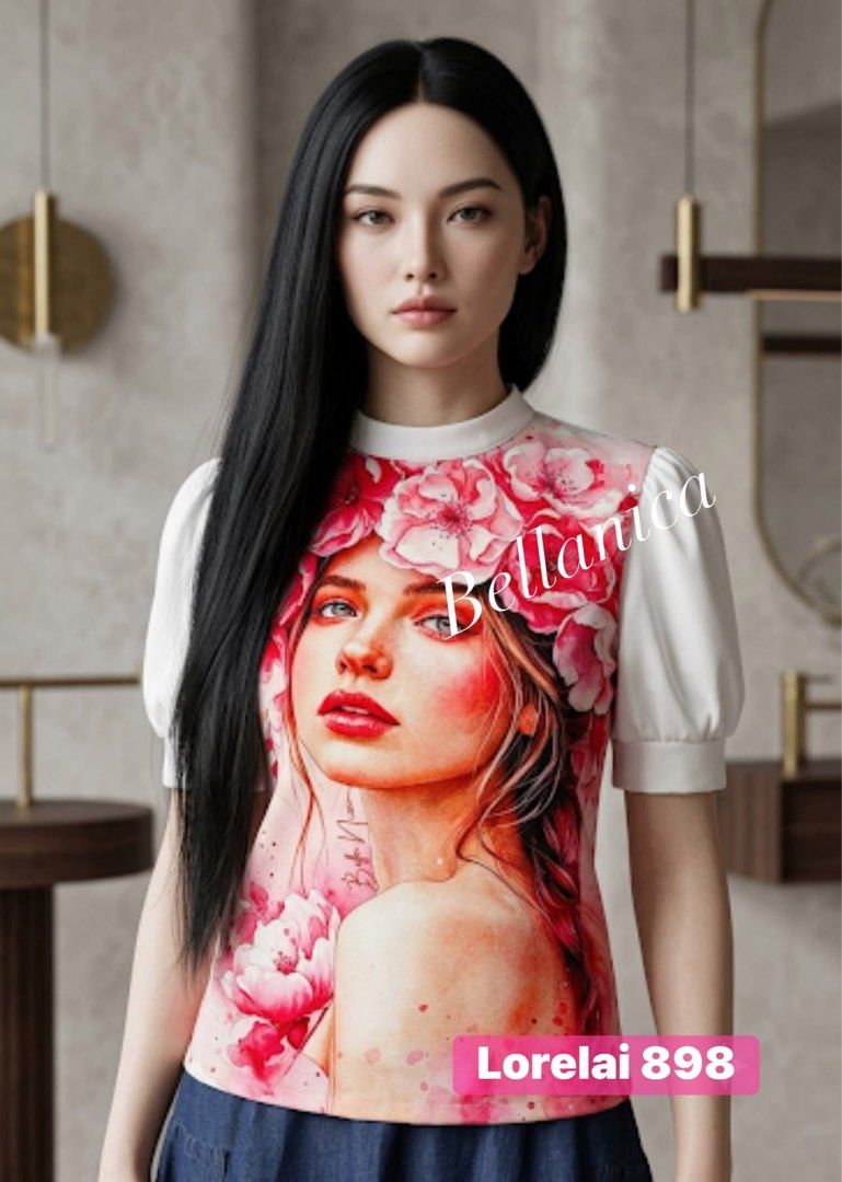Lorelie white blouse (Category: Blouses) located in Taguig. Submitted by happy.viascloset (Listing ID 1461725317, Image 1). Description: - Brand: Bella Nica - Model: Lorelie - Color: White with floral portrait design - Size: L - Condition: 3 - Style: Artistic and elegant.