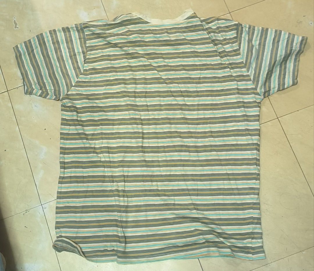 LOST Striped T-Shirt Size M (Category: Tshirts & Polo Shirts ) located in Manila. Submitted by itsmelawrence (Listing ID 1461762677, Image 2). Description: - Brand: LOST - Size: M - Color: Horizontal stripes in grey, green, yellow, and white - Features: Small embroidered LOST logo on chest - Material: 100% Cotton - Origin: Made in India.
