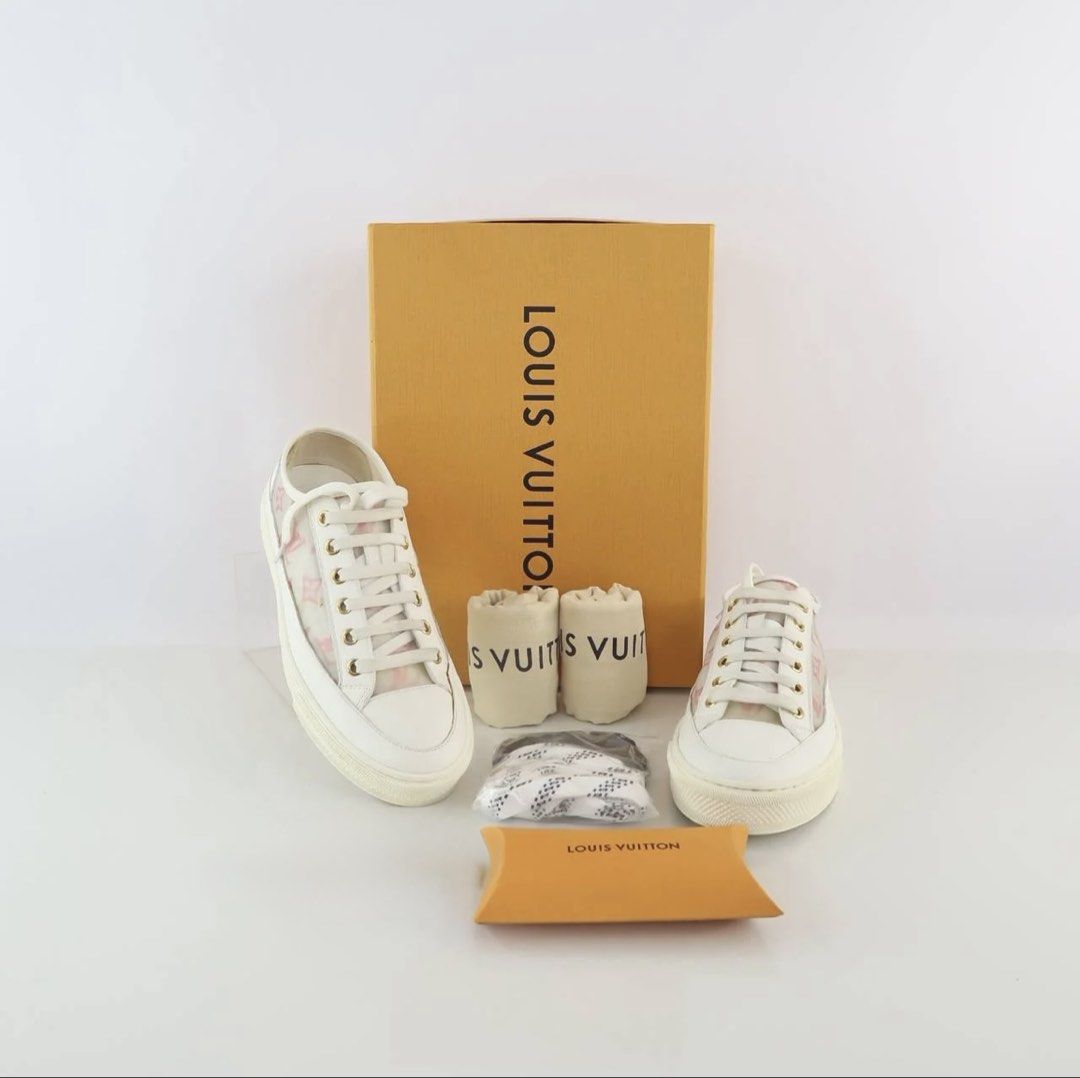 Louis Vuitton White Monogram Mesh Sneakers (Category: Sneakers) located in Quezon City. Submitted by jdmc16 (Listing ID 1460248043, Image 1). Description: - Authentic Louis Vuitton sneakers - White leather with signature monogram mesh panels - Lace-up style with gold eyelets - Platform sole - With complete inclusions - Ideal for casual wear.