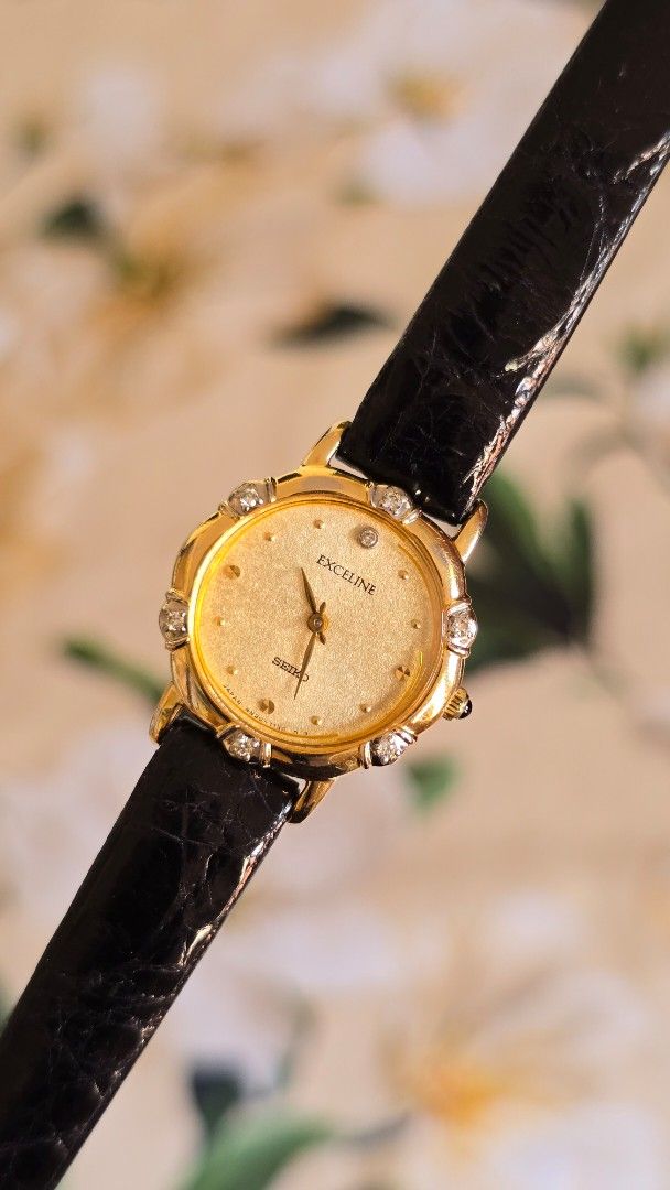 Luxury Vintage Seiko Exceline (Category: Women's Watches) located in Silang. Submitted by thewornhour (Listing ID 1461793392, Image 1). Description: Luxury Vintage 1991 Seiko Exceline Quartz – Factory Diamonds & Textured Dial (JDM) (Ref. 4N20-0630) ✔ All original watch head ✔ Strap: Aftermarket leather strap ✔ Case: 22.7mm including crown ✔ Movement: High-Precision Seiko 4N20 Quartz ✔ Design: Gold-plated bezel elegantly set with real, factory-ins