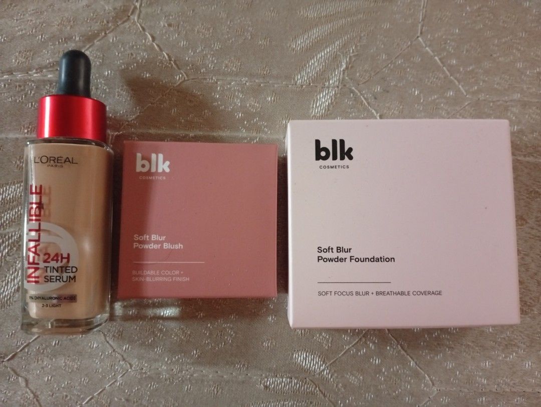 Makeup bundle (Category: Makeup) located in Quezon City. Submitted by purple_haven (Listing ID 1461654967, Image 1). Description: *L'Oreal infallible 24h tinted serum 2-3 light shade (60% left) *blk soft blur blush - macaron (lightly used) *blk soft blur powder foundation -sand(lightly used) with free blk water tint in mood shade.