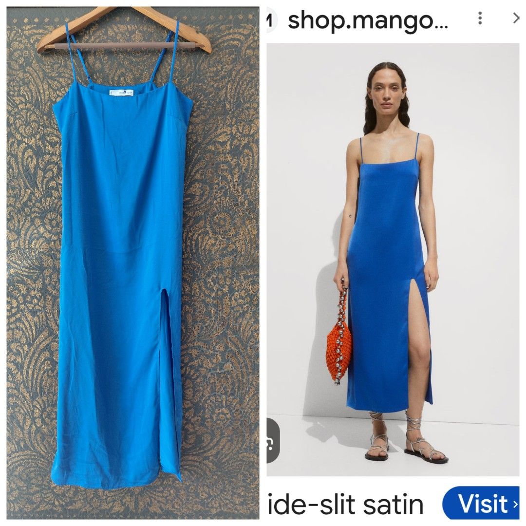 💯Mango Blue Side-Slit Satin Midi Dress (Category: Dresses) located in Mandaluyong City. Submitted by arlene2560 (Listing ID 1461703455, Image 2). Description: 💯 MANGO Side-Slit Satin Dress in a vibrant electric blue. Small on tag, fits an 17" armpit. length is 46". Decluttering P890. Mandaluyong- Beautiful blue satin midi dress by Mango - Features thin spaghetti straps - Elegant square neckline - High side slit for a stylish look - Ideal for pa