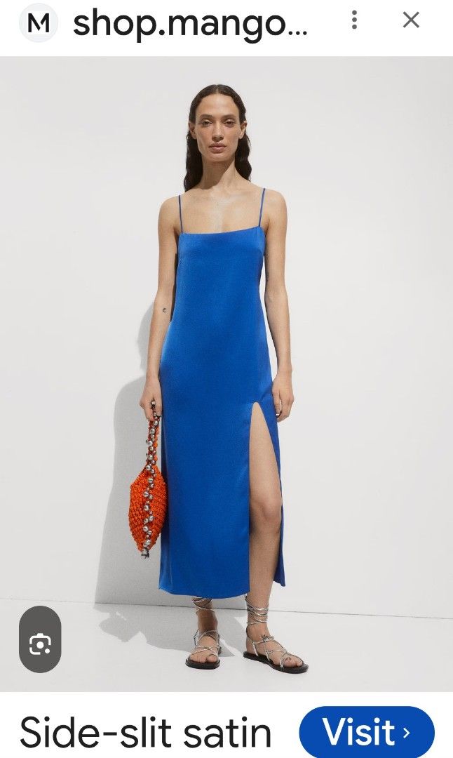💯Mango Blue Side-Slit Satin Midi Dress (Category: Dresses) located in Mandaluyong City. Submitted by arlene2560 (Listing ID 1461703455, Image 3). Description: 💯 MANGO Side-Slit Satin Dress in a vibrant electric blue. Small on tag, fits an 17" armpit. length is 46". Decluttering P890. Mandaluyong- Beautiful blue satin midi dress by Mango - Features thin spaghetti straps - Elegant square neckline - High side slit for a stylish look - Ideal for pa