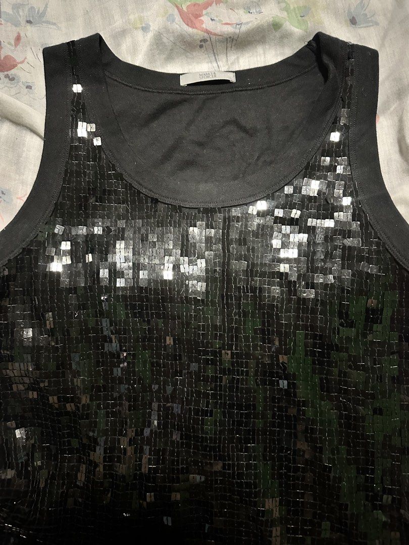 Marks & Spencer Black Sequin Tank Top (Category: Sleeveless) located in Quezon City. Submitted by fr4nkcastle (Listing ID 1461701073, Image 1). Description: - rlly cute and sparkly! Perf for nigbt outs and parties - fits large-xl, stretchy cotton fabric. May fit to xxl - 19w 25l (can stretch more) .