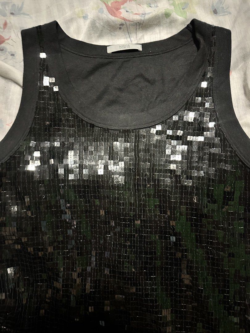 Marks & Spencer Black Sequin Tank Top (Category: Sleeveless) located in Quezon City. Submitted by fr4nkcastle (Listing ID 1461701073, Image 2). Description: - rlly cute and sparkly! Perf for nigbt outs and parties - fits large-xl, stretchy cotton fabric. May fit to xxl - 19w 25l (can stretch more) .