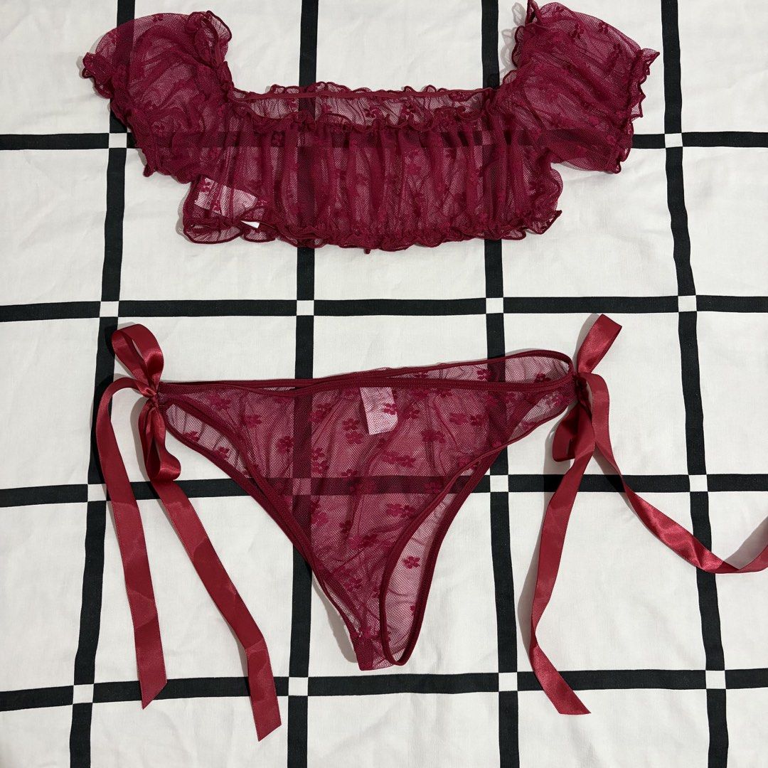 Maroon Lace Gartered Thong Lingerie (Category: Undergarments & Loungewear) located in Quezon City. Submitted by tflquezoncity (Listing ID 1461737996, Image 2). Description: ❤️Excellent condition 10/10, no issues ❤️Cute maroon lace lingerie set ❤️Size: L ❤️RFS: Wrong size ❤️Features an off-shoulder ruffled top ❤️Includes a gartered thong with ribbon ties ❤️Made of soft mesh with a floral pattern ❤️Top measurements: 40cm (gartered) ❤️Thong measurem