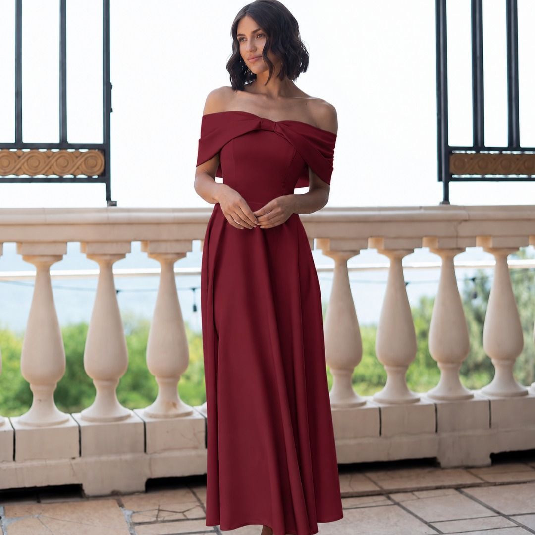 Maroon Off-Shoulder Twist Front Maxi Dress (Category: Dresses) located in Makati City. Submitted by aesthethings_ph (Listing ID 1461716373, Image 2). Description: - Beautiful maroon maxi dress - Elegant off-the-shoulder design - Flattering twist front detail - Flowy skirt for a graceful silhouette - Ideal for formal events, parties, or a night out - Guaranteed to make you look amazing!.