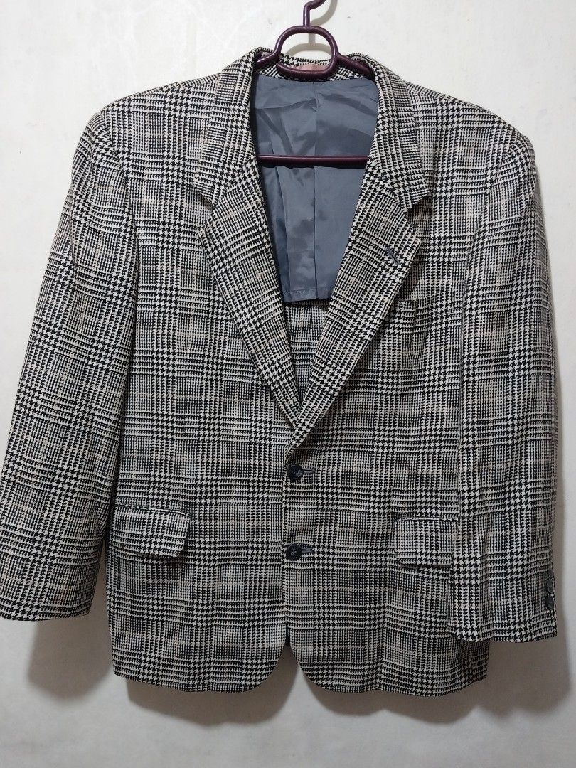 Men's wool Plaid Blazer Jacket (Category: Coats, Jackets and Outerwear) located in Manila. Submitted by PrinceDani.Clothing (Listing ID 1461641938, Image 3). Description: wool plaid blazer Medium to large fit 22in width 28in length 22in sleeves 18.5in shoulder issue: 1 buttons missing sleeves excellent condition .