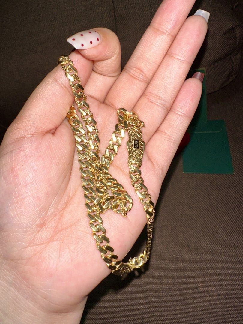 Monaco Chain Necklace Gold (Category: Necklaces) located in Manila. Submitted by decluttergly (Listing ID 1461590539, Image 2). Description: - 18k Gold Monaco Chain 18” - Stylish curb link design - Textured clasp for added detail - Comes with original red velvet box - Perfect addition to your jewelry collection - Selling as it's not frequently worn -Card Certificate included.