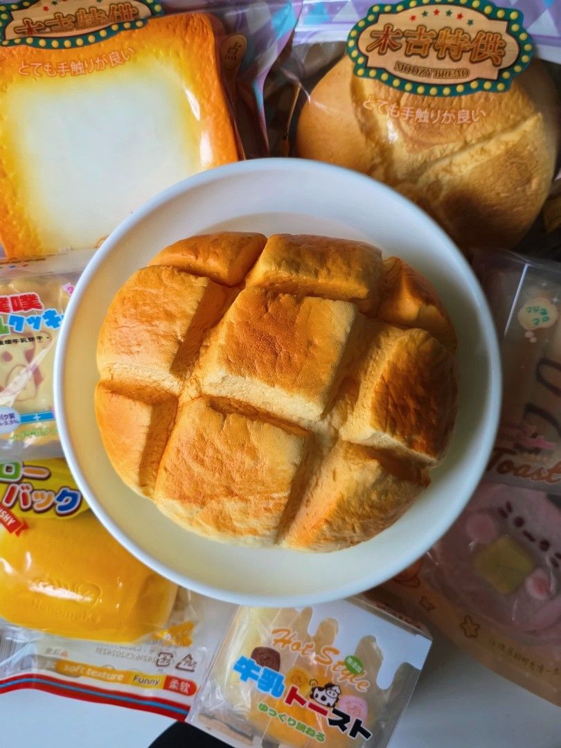Melon Bread Squishy (Category: Plushies & Soft Toys) located in Singapore. Submitted by littlesquish (Listing ID 1461686551, Image 2). Description: - Product: Melon Bread Squishy - Design: Realistic melon bread appearance with segmented top - Texture: Soft and squishy, satisfying to squeeze.