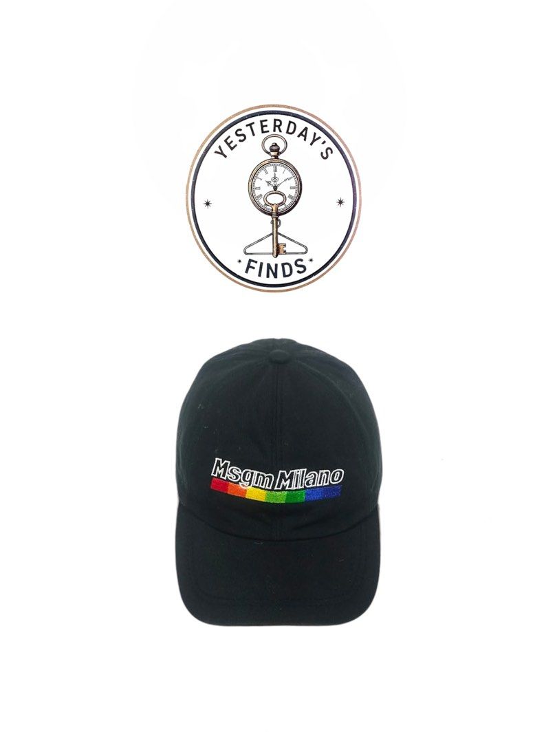 MSGM Kids Black Cap Milano Energy Rainbow Logo (Category: Caps & Hats) located in Manila. Submitted by naphthrift (Listing ID 1461714866, Image 1). Description: - Black MSGM Kids cap - 'MSGM Milano' with rainbow stripe detail on front - 'ENERGY' embroidered in red on back - Made of 100% cotton - Size: Tg. 8 Anni (approx. 8 years old).