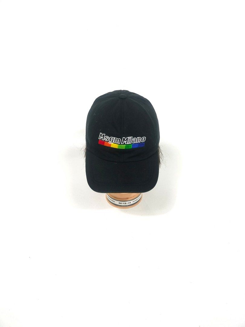MSGM Kids Black Cap Milano Energy Rainbow Logo (Category: Caps & Hats) located in Manila. Submitted by naphthrift (Listing ID 1461714866, Image 2). Description: - Black MSGM Kids cap - 'MSGM Milano' with rainbow stripe detail on front - 'ENERGY' embroidered in red on back - Made of 100% cotton - Size: Tg. 8 Anni (approx. 8 years old).